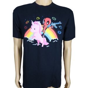 Marvel Deadpool Baby T Shirt Size L‎ Riding Baby Pink Unicorn Black Chibi